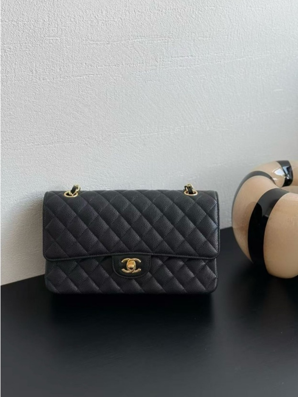 CHANEL Bag Black Quilted Caviar Leather Shoulder Bag with Gold Hardware